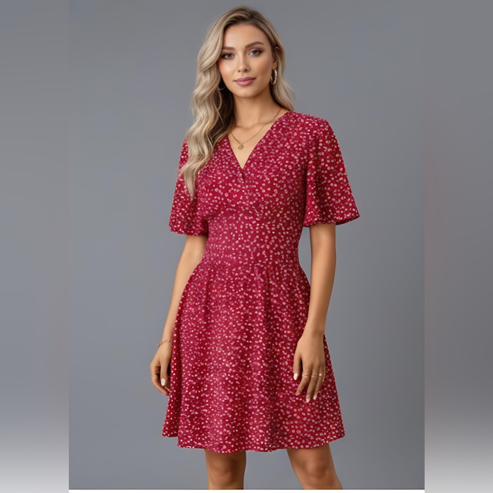 Heart Pattern Ruffle Sleeve Dress Red - Picture 3 of 9